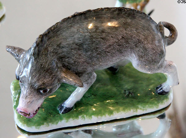 Faience wild boar hunt figures (c1745-54) by Paul Hannong of Strasbourg, France at Bamberg Old Town Hall Museum of Faience & Porcelain. Bamberg, Germany.