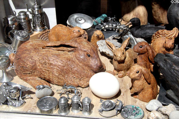 Rabbit statues in shop window in old town Bamberg. Bamberg, Germany.