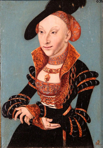 Portrait of Sibylle von Cleve, wife of Johann Friedrich I (c1535) by Lucas Cranach the Elder at Coburg Castle. Coburg, Germany.