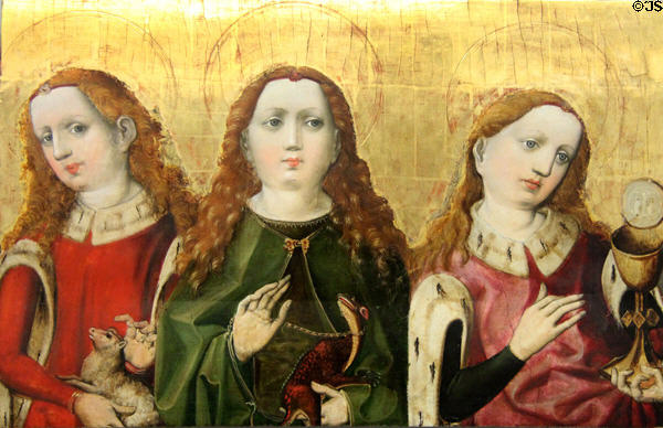 Detail of Saints Agnes, Margaret & Barbara painting (c1440) by Master of Tucher Altarpiece of Nurnberg at Germanisches Nationalmuseum. Nuremberg, Germany.