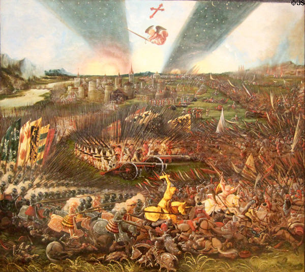 Victory in 796 CE of Charlemagne over Avars near Regensburg painting (1518) by Albrecht Altdorfer at Germanisches Nationalmuseum. Nuremberg, Germany.