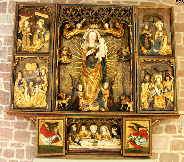 Life of Madonna carved wood winged altarpiece (c1500) from Western Franconia at Germanisches Nationalmuseum. Nuremberg, Germany.