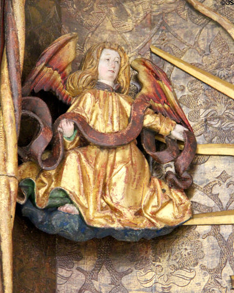 Angel symbol of Evangelist Matthew detail of Life of Madonna altarpiece (c1500) from Western Franconia at Germanisches Nationalmuseum. Nuremberg, Germany.