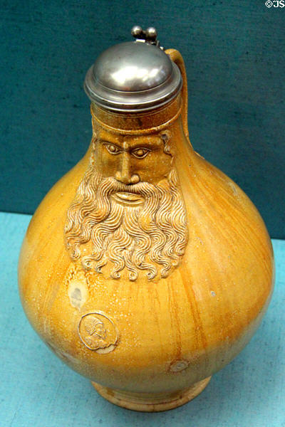 Stoneware Bartmanns jug with pewter cover (early 17thC) from Frechen at Germanisches Nationalmuseum. Nuremberg, Germany.