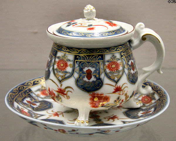 Porcelain childbirth bowl with saucer with Lambrequin decoration (c1740) by Meissen Porcelain at Germanisches Nationalmuseum. Nuremberg, Germany.