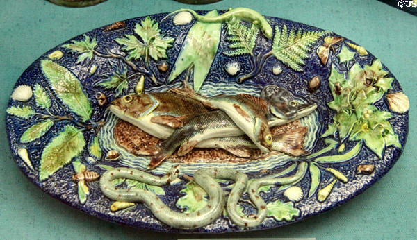 Earthenware plate with fishes & snakes before 1873 by Barbizet & fils of Paris in style of Bernard Palissy at Germanisches Nationalmuseum. Nuremberg, Germany.