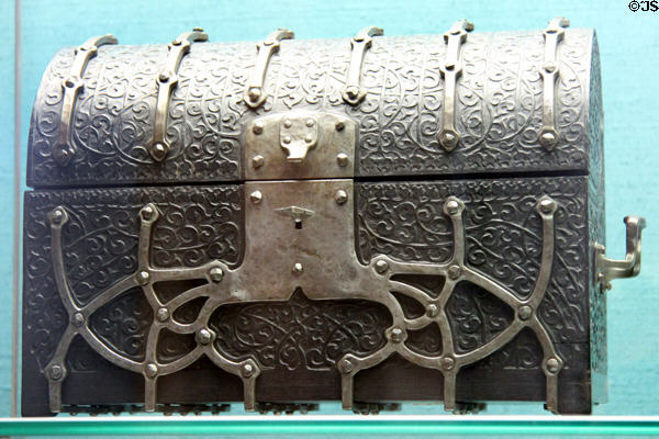 Ebony chest with iron mounts (1905) by Jean Stöttner of Nuremberg at Germanisches Nationalmuseum. Nuremberg, Germany.