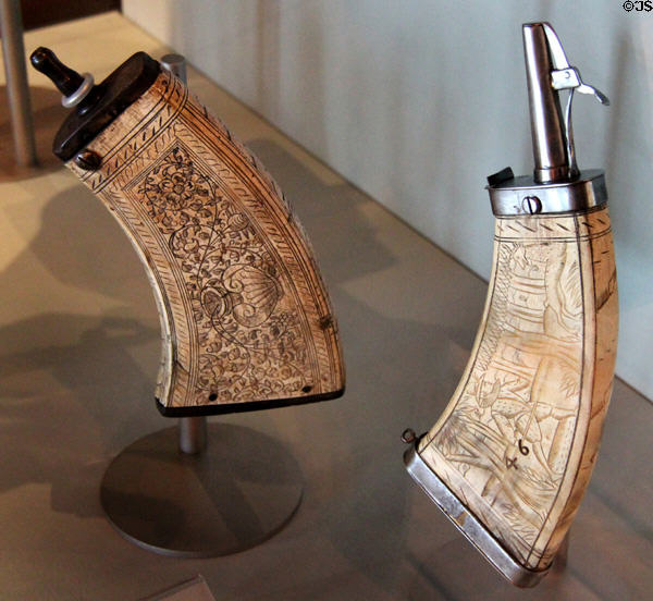 Engraved powder horns (17th & 16thC) at Imperial Castle. Nuremberg, Germany.