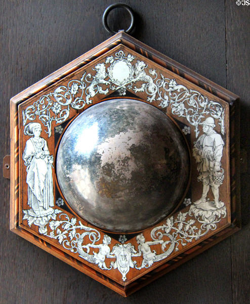 Convex mirror in hexagonal inlaid frame at Albrecht Dürer's House. Nuremberg, Germany.