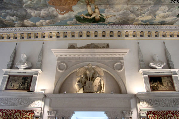 Busts of Roman Caesars & Imperial eagle in Hirsvogel Hall (1534) at Tucher Mansion Museum. Nuremberg, Germany.