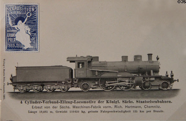 Paris Exposition Universelle (1900) Grand Prix winner for German locomotive by Sächsische Factory of Chemnitz with top speed of 125 km/hr at Nuremberg Transport Museum. Nuremberg, Germany.