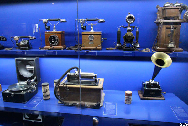 Gallery of telephones & gramophones at Museum of Communications in Nuremberg Transport Museum. Nuremberg, Germany.