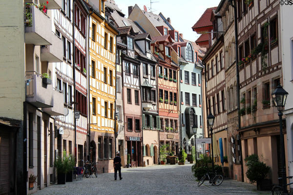 Half-timbered streetscape of Weißgerbergasse. Nuremberg, Germany.
