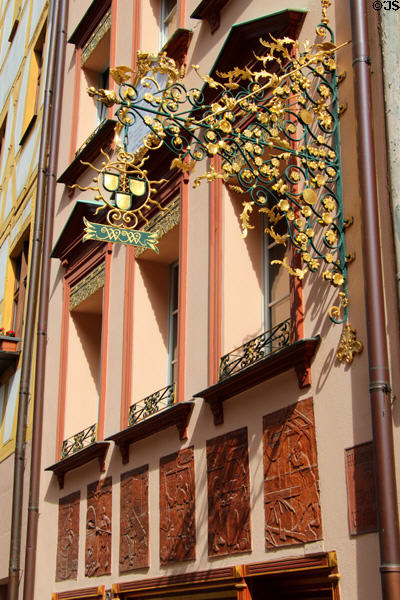 Wrought iron shop sign on Weißgerbergasse. Nuremberg, Germany.