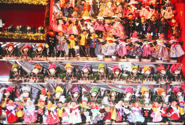 Christmas ornament figurines made from prunes (Zwetschgenmännla) at Christmas Market on Frauen Kirche square. Nuremberg, Germany.