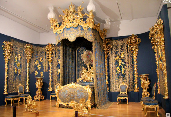 Ornately gilded bedroom set (1871) from Linderhof Palace at King Ludwig II Museum. Chiemsee, Germany.