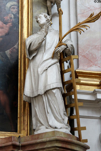 Statue of St Lawrence at Ettal Benedictine Abbey. Ettal village, Germany.