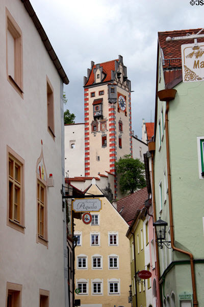 Typical Bavarian streetscape with tower. Füssen, Germany.