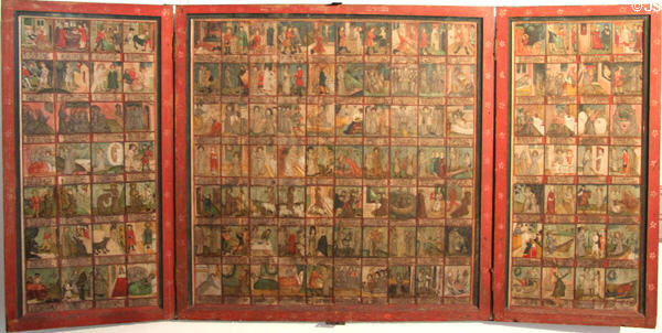 Altarpiece (c1500) painted with 126 scenes from life of St Francis of Assisi, beginning with his birth & baptism & ending with posthumous miracles & likely used for instruction by Ulmer Meister in State Gallery at Hohes Schloss zu Füssen. Füssen, Germany.