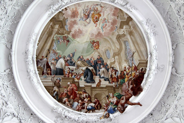 Death of St Magnus of Füssen ceiling fresco from life of St Mang at Basilica St Mang. Füssen, Germany.
