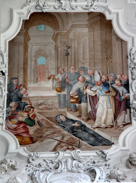 Burial of St Magnus of Füssen ceiling fresco from life of St Mang at Basilica St Mang. Füssen, Germany.