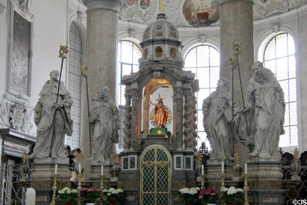 Statues of Sts Columban, Benedict, Scholastica & Gallus at High Altar of Basilica St Mang. Füssen, Germany.