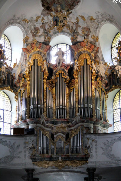Baroque facade of organ (renovated 2012) at Basilica St Mang. Füssen, Germany.