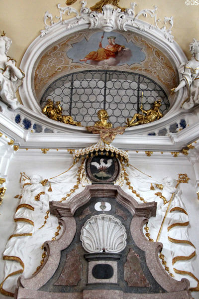 Baroque ornamentation in Imperial Hall at Museum of City of Füssen in Kloster St Mang. Füssen, Germany.