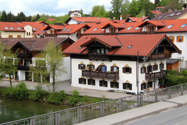 Typical Bavarian architecture along riverfront. Gmund am Tegernsee, Germany.