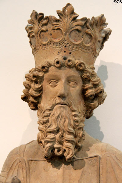 Sculpture portrait detail of King of Hungary (1427-33) by Hans Mulscher at Ulmer Museum. Ulm, Germany.
