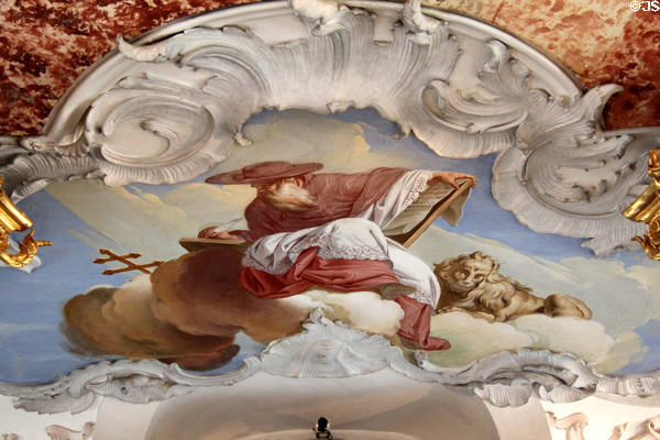 Ceiling fresco depicting St Jerome, Father of the Church, with his lion symbol, in library of Kloster Wiblingen. Ulm, Germany.