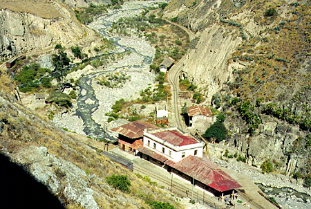 Looking down on a passenger terminal from the steam train running though the Ecuadorian mountains to Guayaquil on the coast. Ecuador.