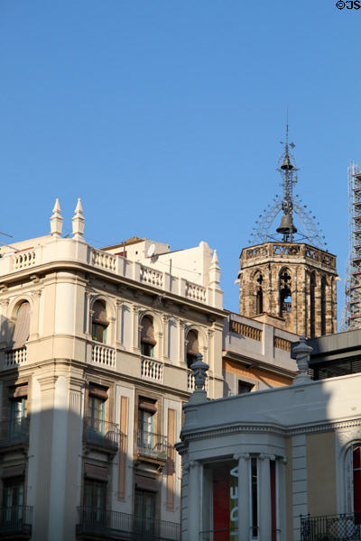 Bell Tower of Barcelona Cathedral above buildings of Gothic Quarter. Barcelona, Spain.