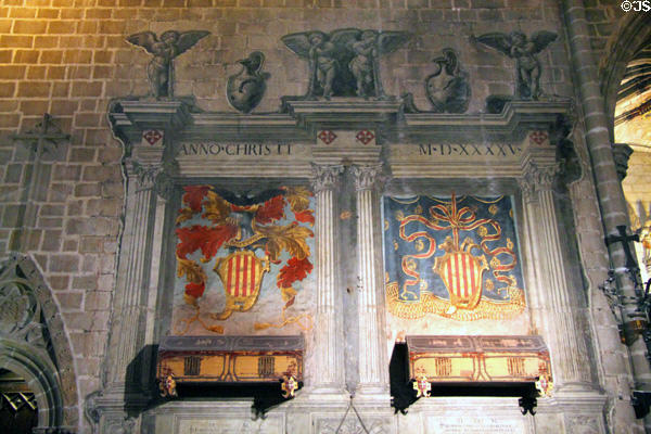 Tombs on wall of Barcelona Cathedral. Barcelona, Spain.