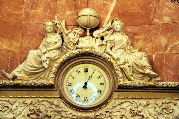 Clock with symbols of progress in Queen Regent's room at Barcelona City Hall. Barcelona, Spain.