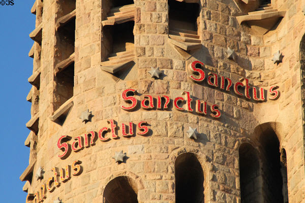 Sanctus detail on towers of Sagrada Familia. Barcelona, Spain.