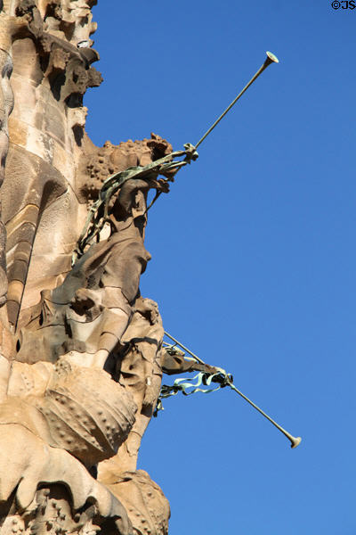 Heralds with trumpets on Nativity Facade at Sagrada Familia. Barcelona, Spain.