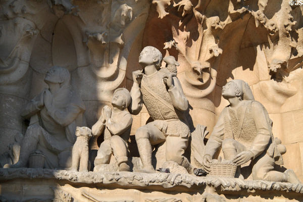 Adoration of shepherds on Nativity Facade at Sagrada Familia. Barcelona, Spain.