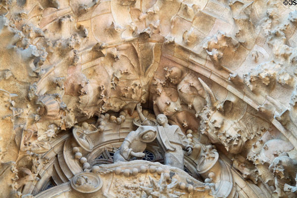 Annunciation on Nativity Facade at Sagrada Familia. Barcelona, Spain.