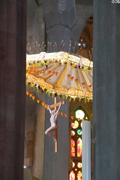 Suspended crucifix & baldachin at Sagrada Familia. Barcelona, Spain.