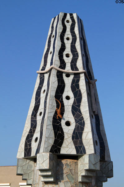 Black & white hexagonal chimney atop Palau Güell. Barcelona, Spain.