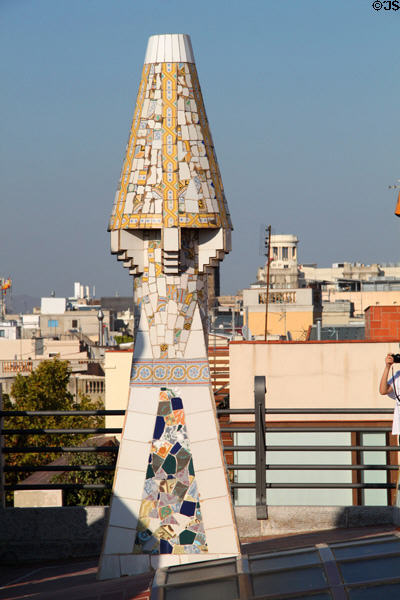 Rocket-like chimney atop Palau Güell. Barcelona, Spain.
