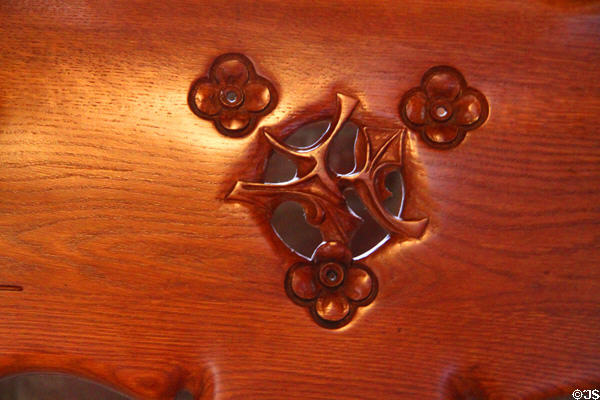 Carving detail of Modernista bench replica (c1900) from Casa Calvet in Barcelona by Antoni Gaudí at Casa Milà. Barcelona, Spain.