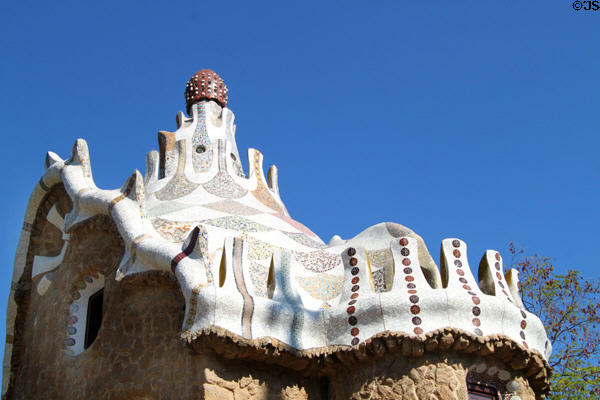 Unique roofline of Gatekeeper's pavilion with mushroom finial at Parc Güell. Barcelona, Spain.