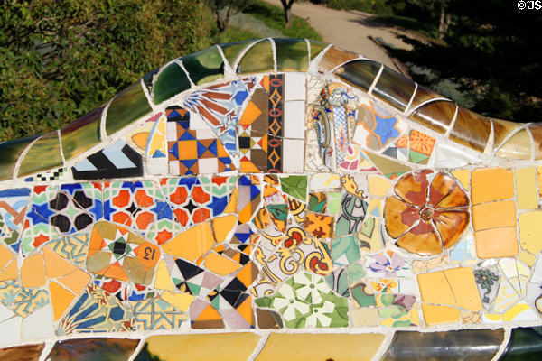 Gaudí's mosaic benches on the plaza in Parc Güell. Barcelona, Spain.