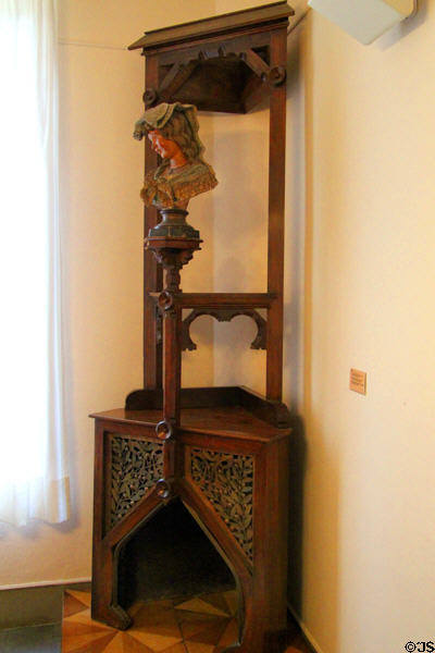 Modernista corner fireplace (1880) designed for Casa Vicens in Alella by Antoni Gaudí at Gaudi House Museum in Parc Güell. Barcelona, Spain.