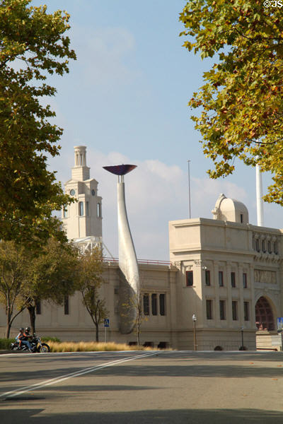 Exterior of Barcelona Olympic Stadium with spire for Olympic flame attached. Barcelona, Spain.