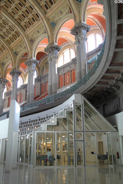 Restaurant structure within oval room of Palau Nacional. Barcelona, Spain.