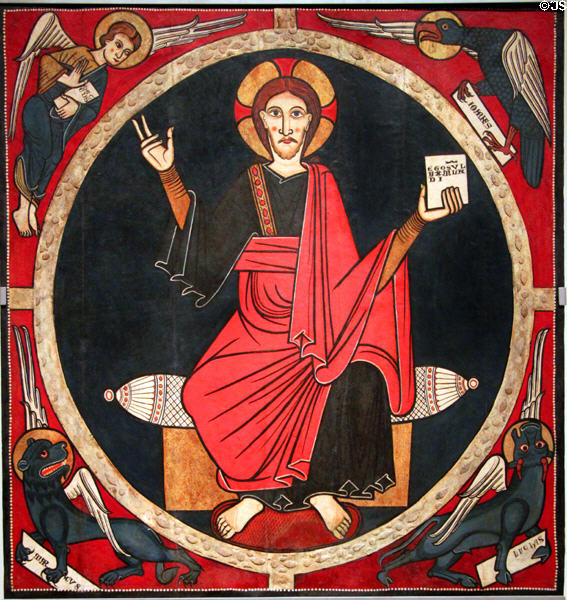 Fresco of Christ with winged animal symbols of Evangelists Matthew, Mark, Luke & John from church of St Marti de Tost (13thC) at Museu Nacional d'Art de Catalunya. Barcelona, Spain.
