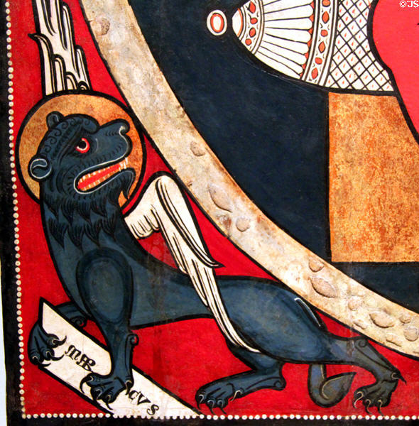 Fresco detail of symbol of Evangelist St Mark from church of St Marti de Tost (13thC) at Museu Nacional d'Art de Catalunya. Barcelona, Spain.